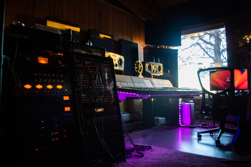 Our Euphonix CS2000 console and outboard gear with early morning light streaming through the window